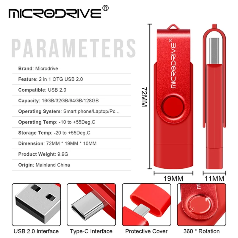 MICRODRIVE 64GB Rotating Metal Flash Drive OTG USB 2.0 / Type-C 2-in-1 USB Memory Stick - White