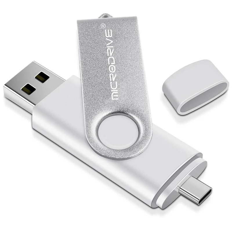MICRODRIVE 8GB 2-in-1 USB 2.0 / Type-C OTG Flash Drive Metal Rotating USB Memory Stick - White