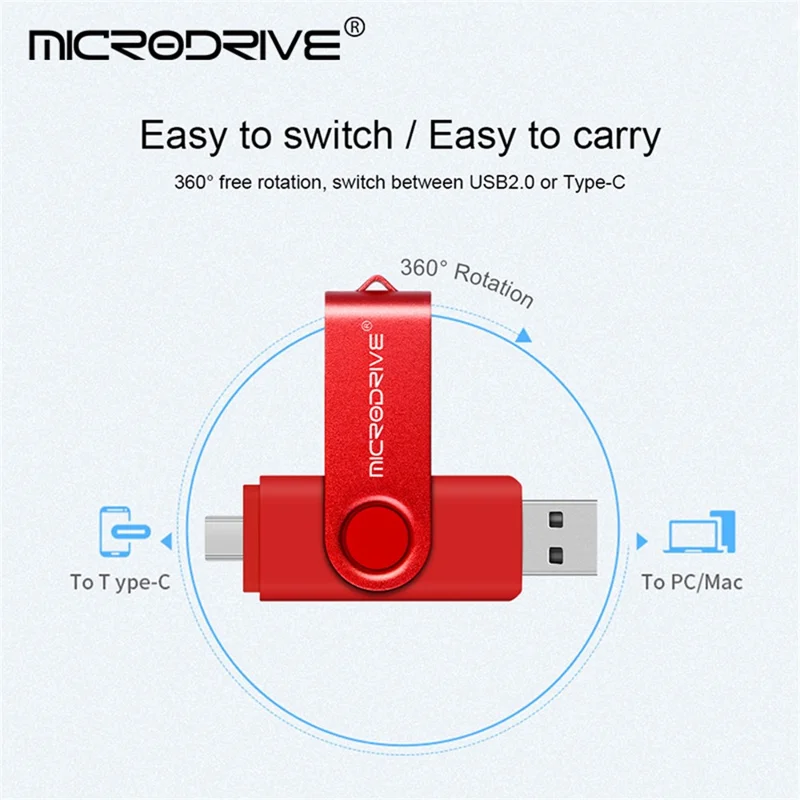 MICRODRIVE 8GB 2-in-1 USB 2.0 / Type-C OTG Flash Drive Metal Rotating USB Memory Stick - White