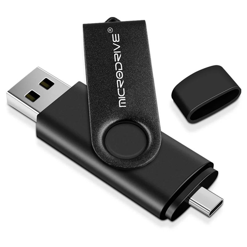 MICRODRIVE 8GB 2-in-1 USB 2.0 / Type-C OTG Flash Drive Metal Rotating USB Memory Stick - Black