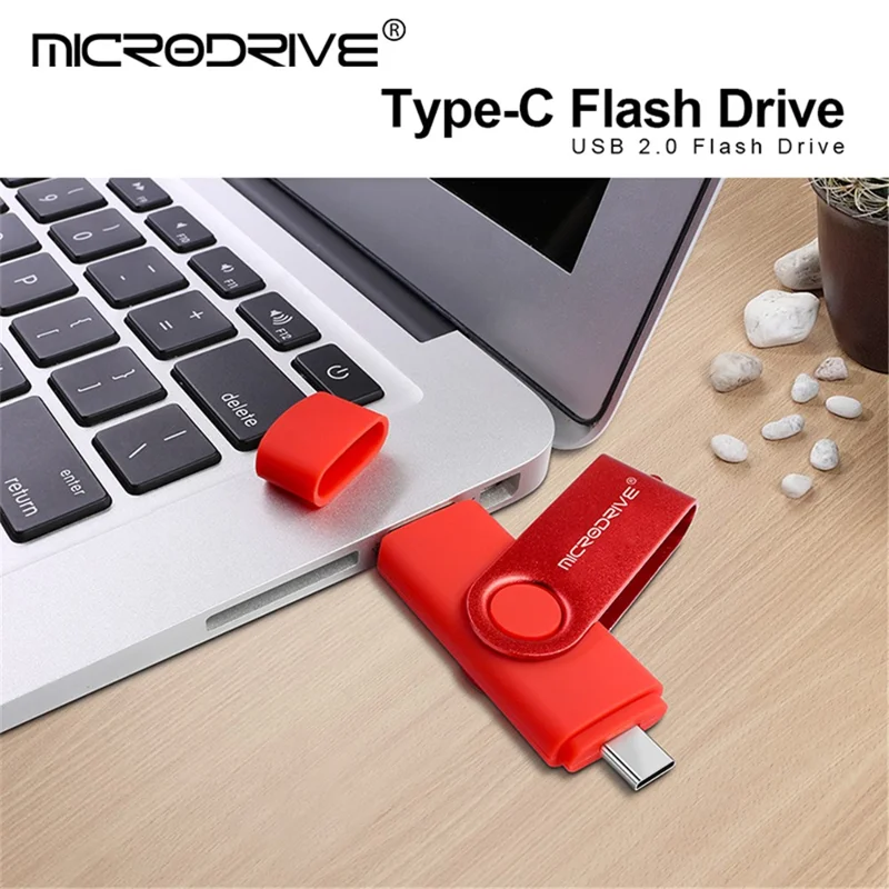 MICRODRIVE 8GB 2-in-1 USB 2.0 / Type-C OTG Flash Drive Metal Rotating USB Memory Stick - Black