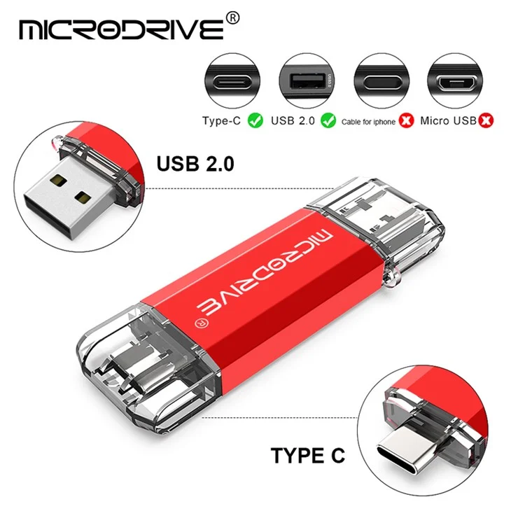 Microdrive 16 gb 2-in-1 USB 2.0 / Disco de Portátil de Portátil de Teléfono de Alta Velocidad Tipo-c - Rojo