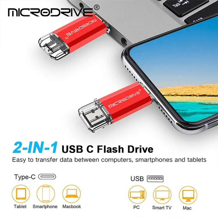 MICRODRIVE 16GB 2 en 1 USB 2.0 / Tipo C U-Disk de alta velocidad para teléfonos portátiles y ordenadores portátiles - Rojo