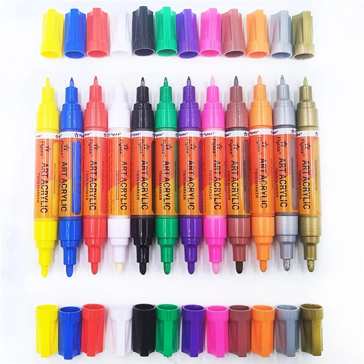 FLYSEA FS-973 12Pcs / Box Acrylic Markers Paint Pens 3.0mm 0.7mm Dual Tips Water-Based Color Pens - Orange Packing