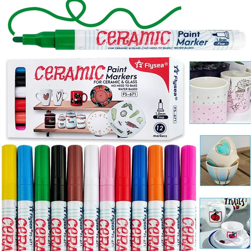 FLYSEA FS-671 12Pcs / Box Paint Pens for Ceramic Glass DIY Arts Crafts Marker Pens 1.0mm Fine Tip