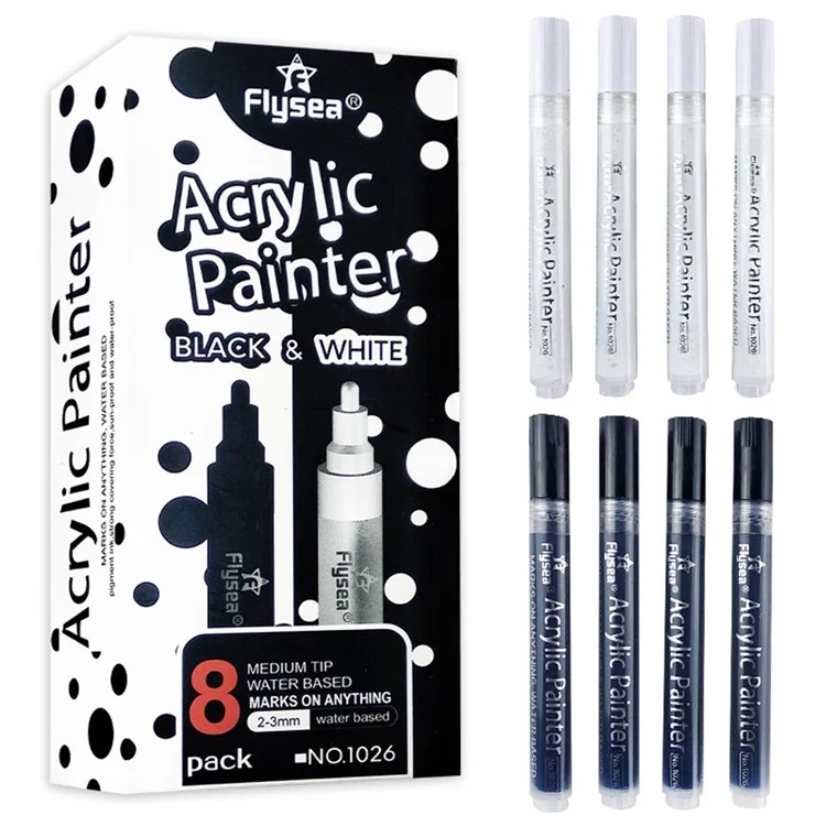 FLYSEA 1026 8Pcs / Box Acrylic Paint Pens Black and White Pens Set DIY Painting (4Pcs Black + 4Pcs White)