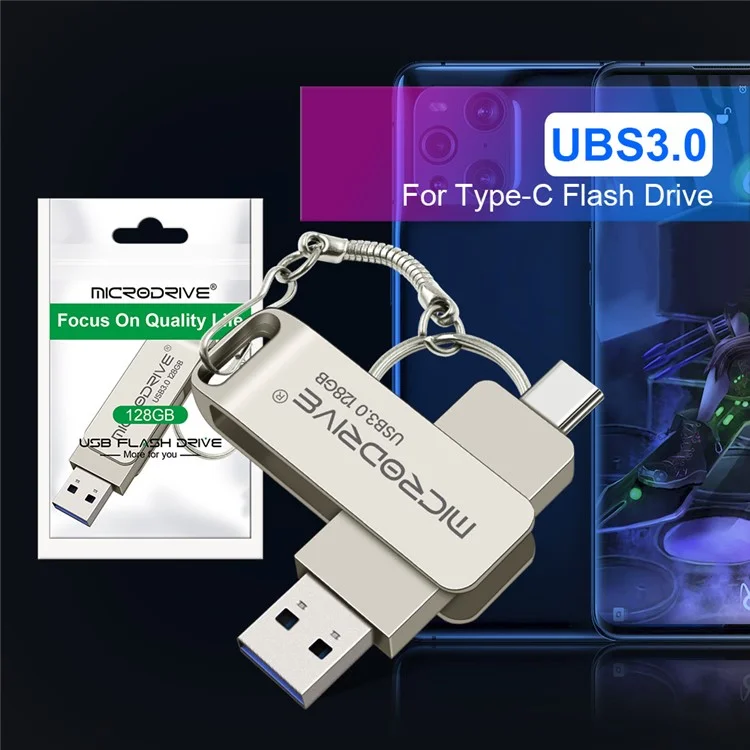 Microdrive MDTU21 Drive in Metallo da 128 gb in Metallo 2 in 1 USB 3.0 + Type-C Disk a u Rotante