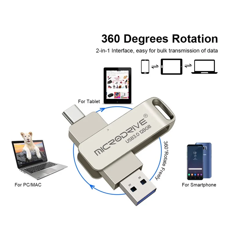 Microdrive MDTU21 Drive in Metallo da 128 gb in Metallo 2 in 1 USB 3.0 + Type-C Disk a u Rotante