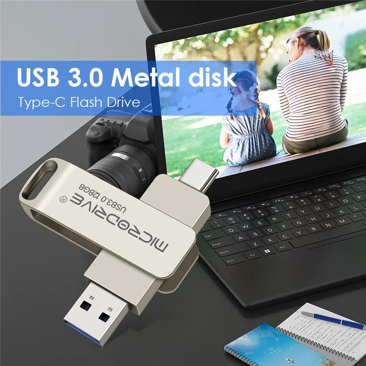 Microdrive MDTU21 Drive in Metallo da 128 gb in Metallo 2 in 1 USB 3.0 + Type-C Disk a u Rotante