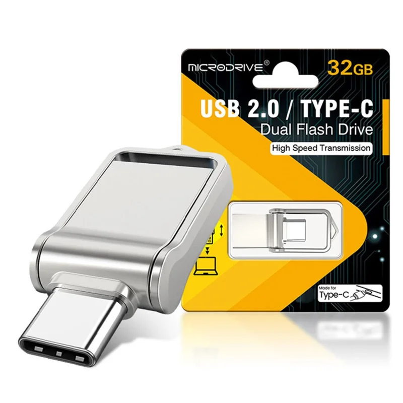 MICRODRIVE High Speed 32GB Flash Drive USB 2.0 / Type-C Mini Metal U-Disk - Silver