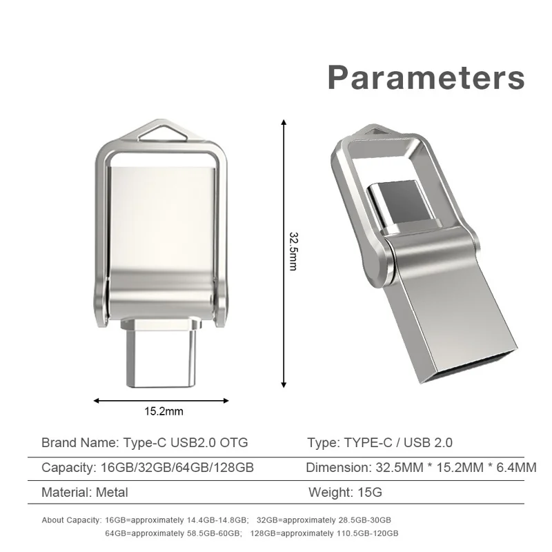 MICRODRIVE High Speed 32GB Flash Drive USB 2.0 / Type-C Mini Metal U-Disk - Silver