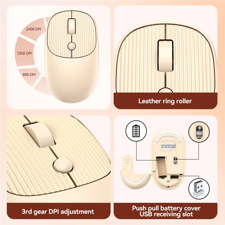 T-wolf X6 800 / 1200 / 2400 Dpi Einstellbare Ergonomische 2,4 g Drahtlose Maus Für Den Laptop -pc - Khaki