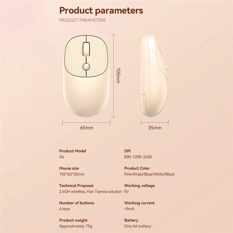 T-wolf X6 800 / 1200 / Mouse Inalámbrico Ergonómico y Ergonómico Ajustable de 2400 Dpi Para PC Portátil - Caqui