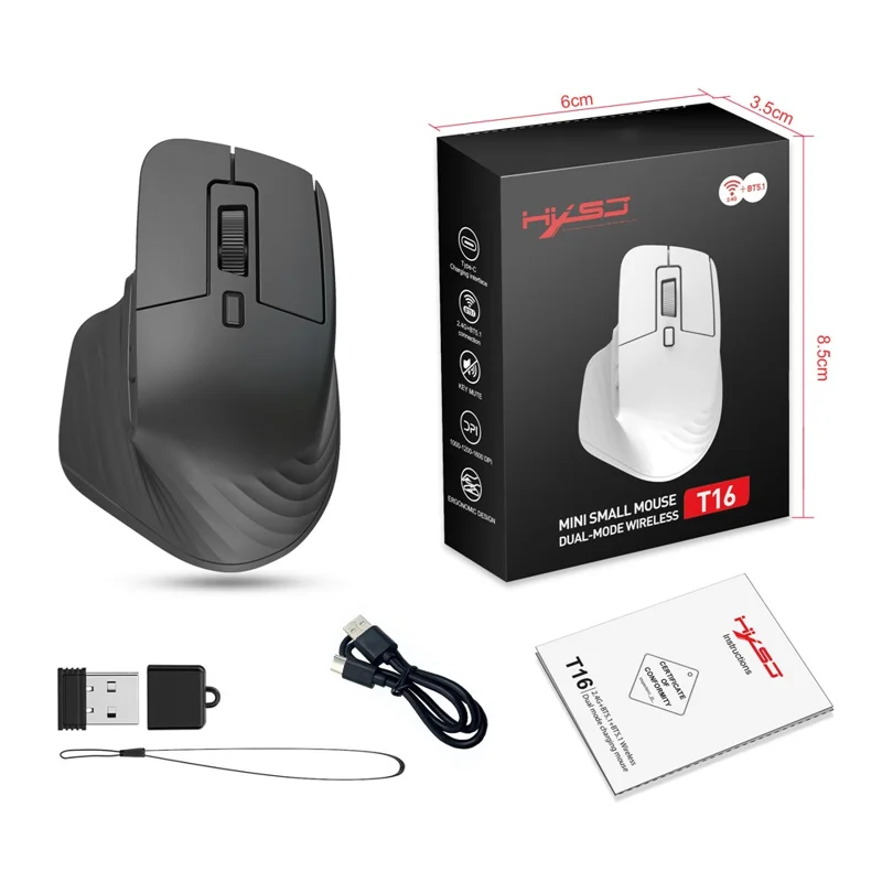 HXSJ T16 Wireless Bluetooth-compatible Mouse 2 Modes (Bluetooth-compatible + 2.4Ghz) 4800 DPI Silent Computer Mouse - Black