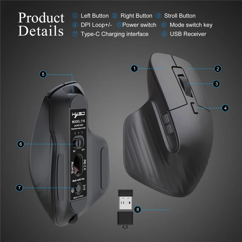 HXSJ T16 Wireless Bluetooth-compatible Mouse 2 Modes (Bluetooth-compatible + 2.4Ghz) 4800 DPI Silent Computer Mouse - Black