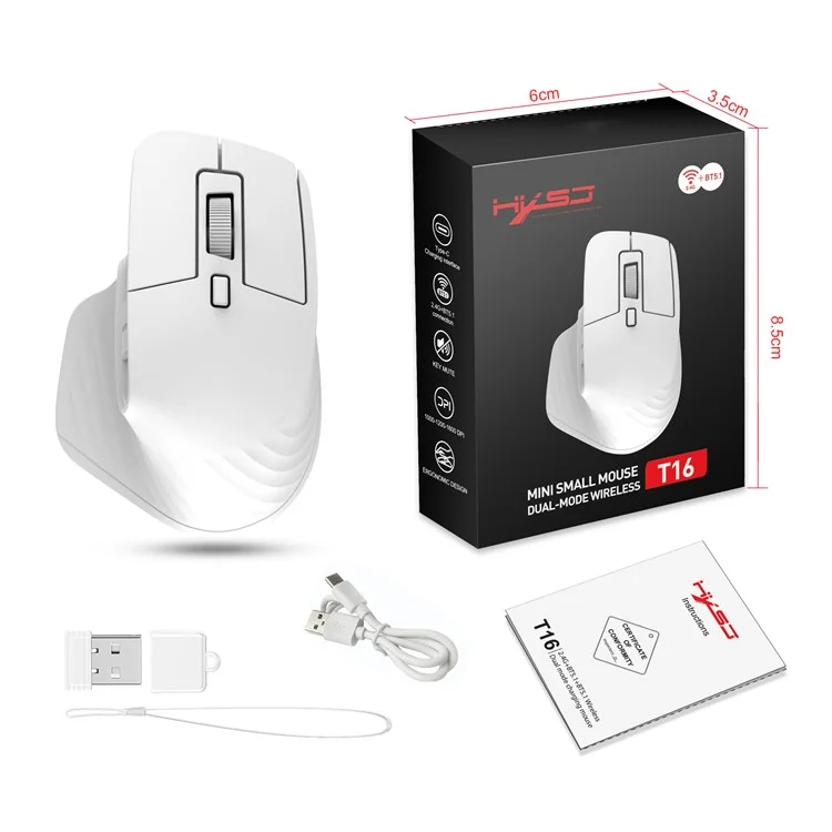 HXSJ T16 Wireless Bluetooth-compatible Mouse 2 Modes (Bluetooth-compatible + 2.4Ghz) 4800 DPI Silent Computer Mouse - White