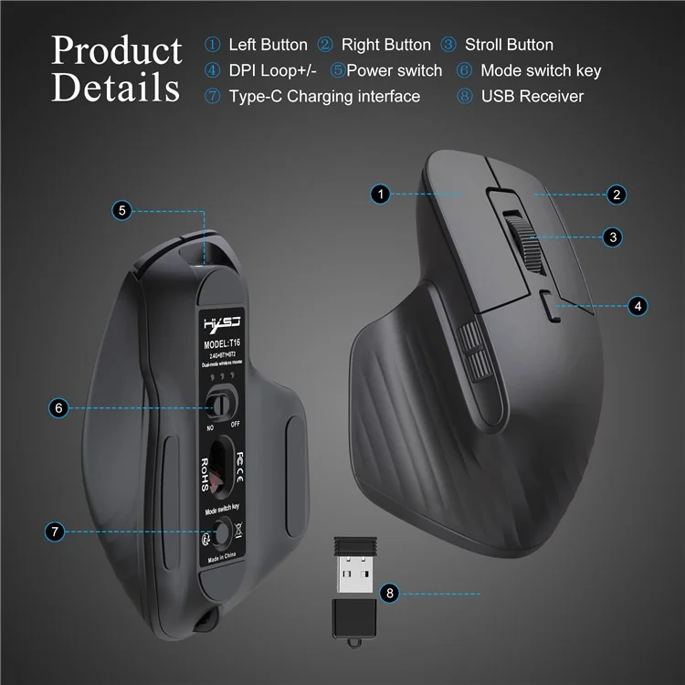HXSJ T16 Wireless Bluetooth-compatible Mouse 2 Modes (Bluetooth-compatible + 2.4Ghz) 4800 DPI Silent Computer Mouse - White