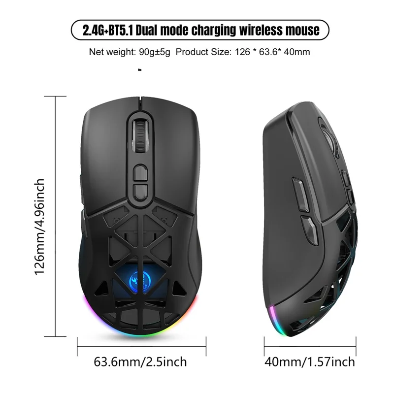 HXSJ T26  Wireless Mouse Bluetooth5.1 + 2.4Ghz Dual Modes 4800 DPI RGB Backlit Mouse - Black