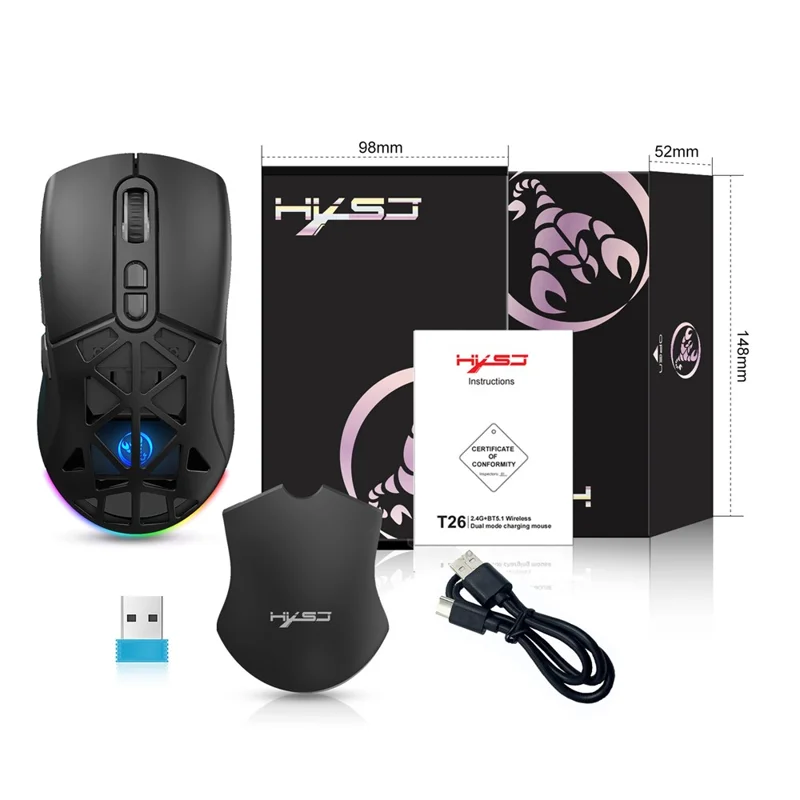 HXSJ T26  Wireless Mouse Bluetooth5.1 + 2.4Ghz Dual Modes 4800 DPI RGB Backlit Mouse - Black