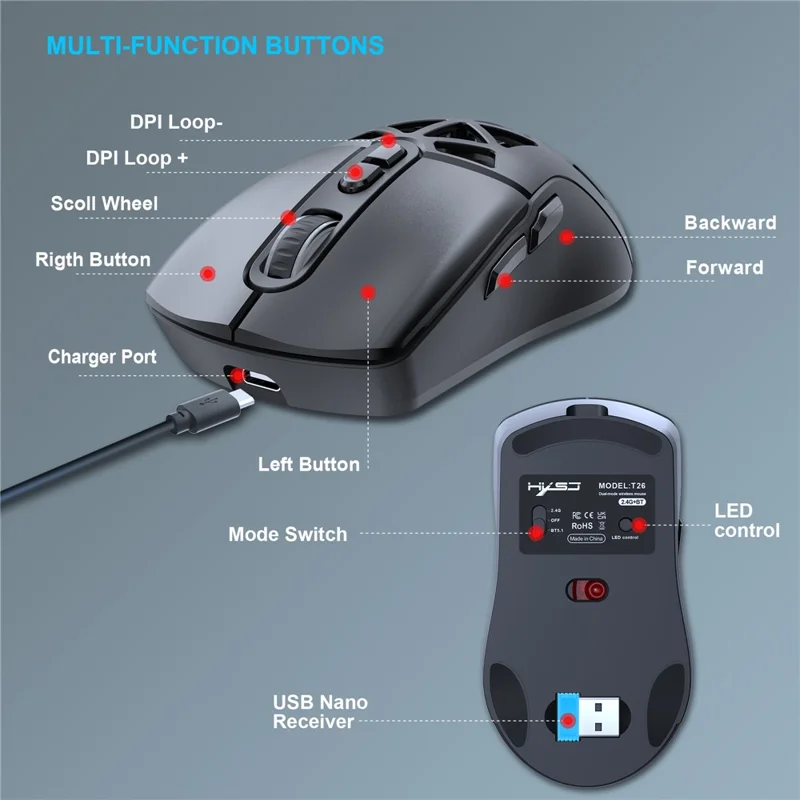 HXSJ T26  Wireless Mouse Bluetooth5.1 + 2.4Ghz Dual Modes 4800 DPI RGB Backlit Mouse - Black