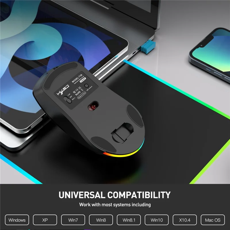 HXSJ T26  Wireless Mouse Bluetooth5.1 + 2.4Ghz Dual Modes 4800 DPI RGB Backlit Mouse - Black