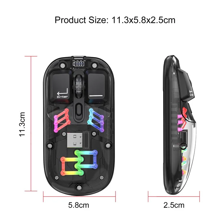 HXSJ T200 Wireless Bluetooth-compatible Mouse LED Rechargeable 2 Modes (Bluetooth-compatible + 2.4Ghz) Clear Ergonomic Mice - Black