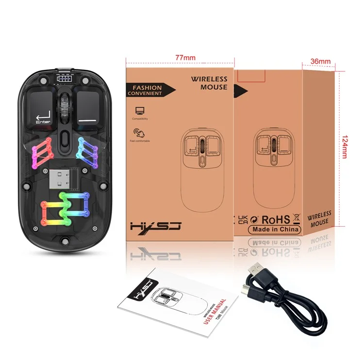 HXSJ T200 Wireless Bluetooth-compatible Mouse LED Rechargeable 2 Modes (Bluetooth-compatible + 2.4Ghz) Clear Ergonomic Mice - Black