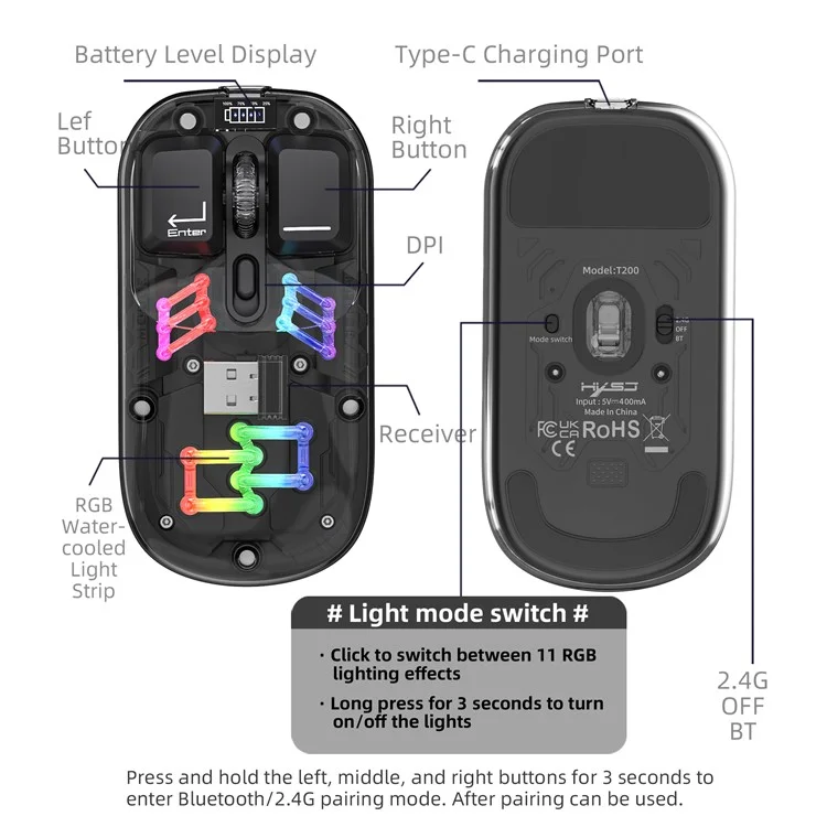 HXSJ T200 Wireless Bluetooth-compatible Mouse LED Rechargeable 2 Modes (Bluetooth-compatible + 2.4Ghz) Clear Ergonomic Mice - Black