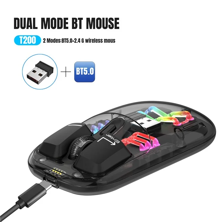 HXSJ T200 Wireless Bluetooth-compatible Mouse LED Rechargeable 2 Modes (Bluetooth-compatible + 2.4Ghz) Clear Ergonomic Mice - Black