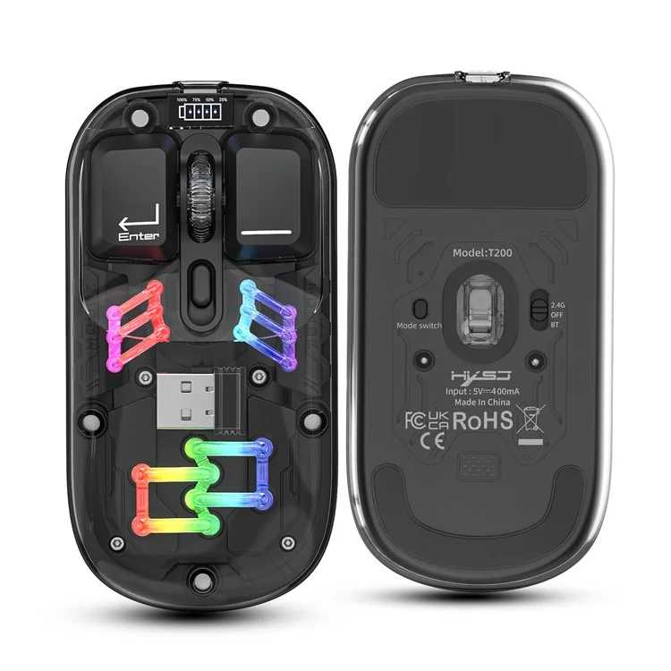 HXSJ T200 Wireless Bluetooth-compatible Mouse LED Rechargeable 2 Modes (Bluetooth-compatible + 2.4Ghz) Clear Ergonomic Mice - Black