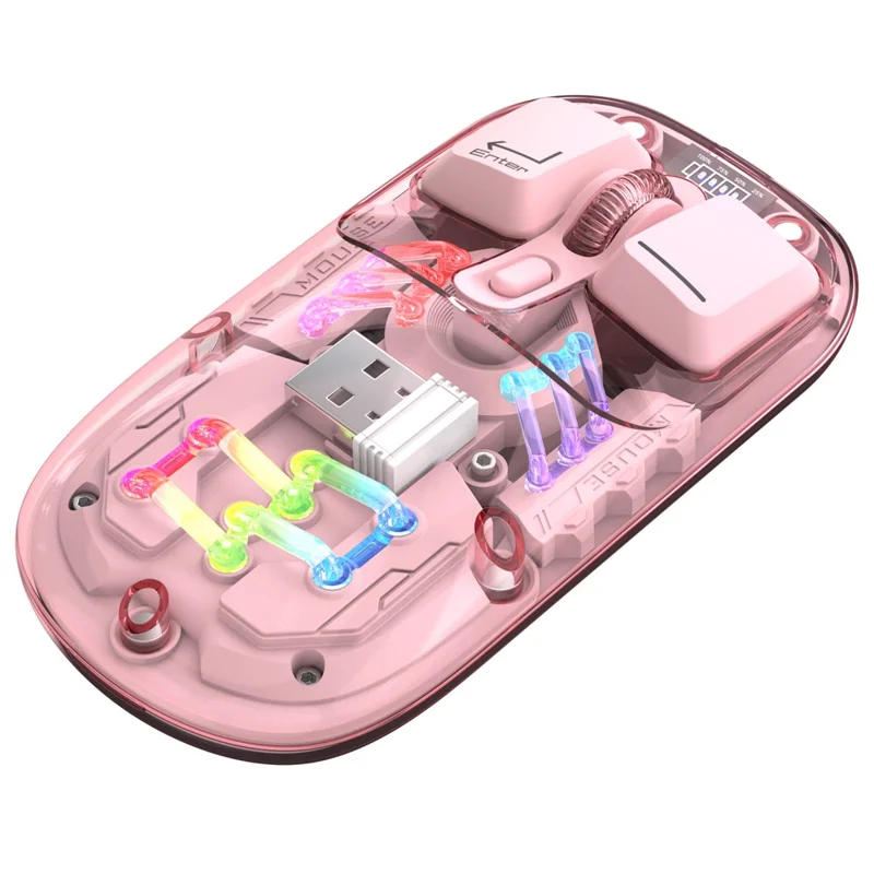 HXSJ T200 Wireless Bluetooth-compatible Mouse LED Rechargeable 2 Modes (Bluetooth-compatible + 2.4Ghz) Clear Ergonomic Mice - Pink