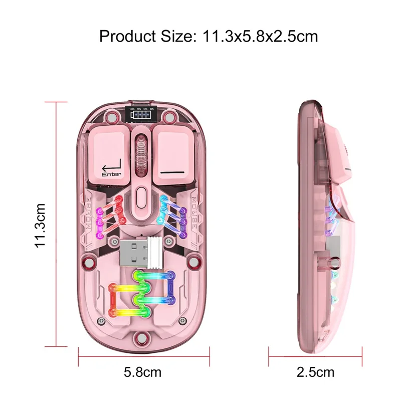 HXSJ T200 Wireless Bluetooth-compatible Mouse LED Rechargeable 2 Modes (Bluetooth-compatible + 2.4Ghz) Clear Ergonomic Mice - Pink