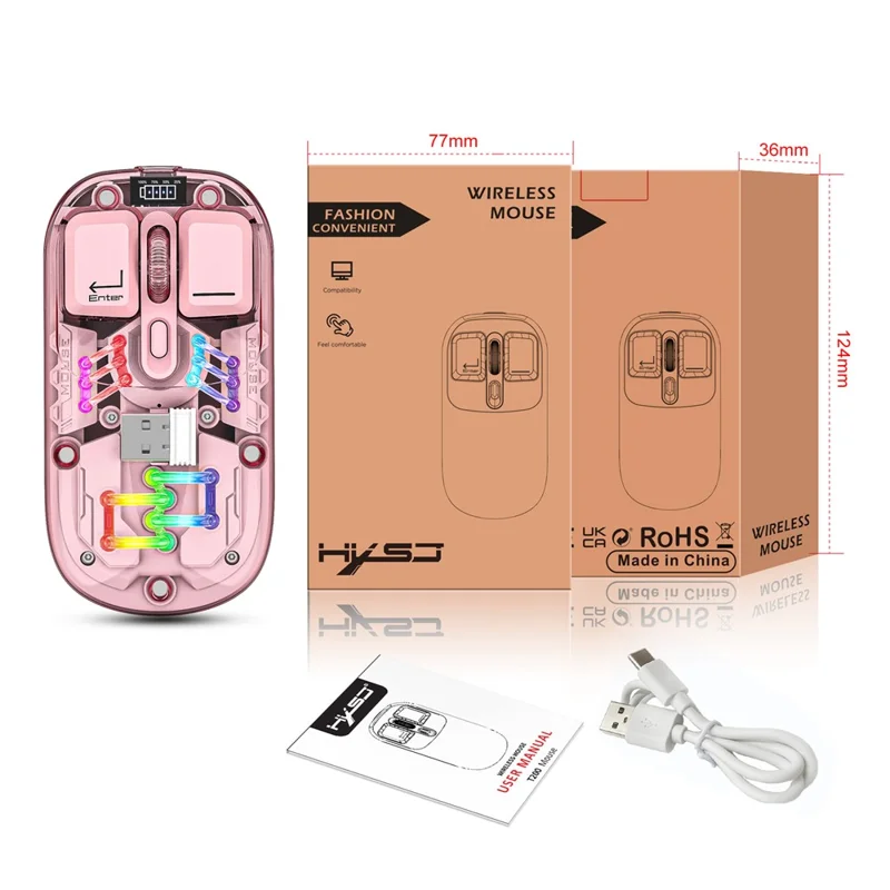 HXSJ T200 Wireless Bluetooth-compatible Mouse LED Rechargeable 2 Modes (Bluetooth-compatible + 2.4Ghz) Clear Ergonomic Mice - Pink