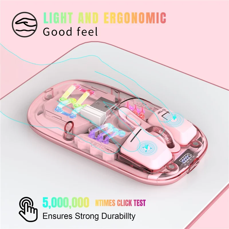 HXSJ T200 Wireless Bluetooth-compatible Mouse LED Rechargeable 2 Modes (Bluetooth-compatible + 2.4Ghz) Clear Ergonomic Mice - Pink