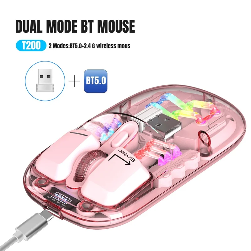 HXSJ T200 Wireless Bluetooth-compatible Mouse LED Rechargeable 2 Modes (Bluetooth-compatible + 2.4Ghz) Clear Ergonomic Mice - Pink