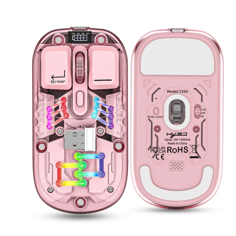 HXSJ T200 Wireless Bluetooth-compatible Mouse LED Rechargeable 2 Modes (Bluetooth-compatible + 2.4Ghz) Clear Ergonomic Mice - Pink