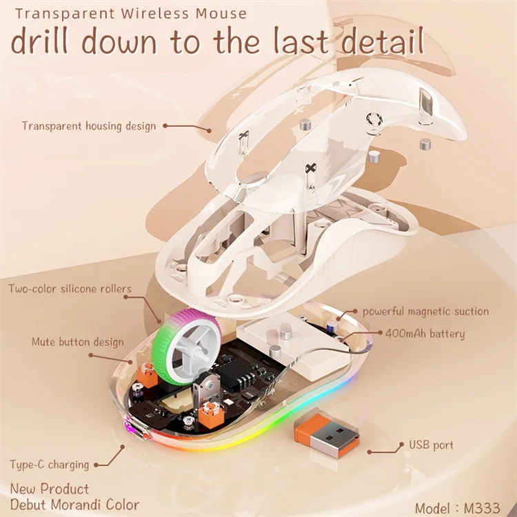 Ratón inalámbrico M333 Transparent con luz colorida Bluetooth Silent Mice Tri-Mode Connectivity (CE Certified) - Color Milk Tea