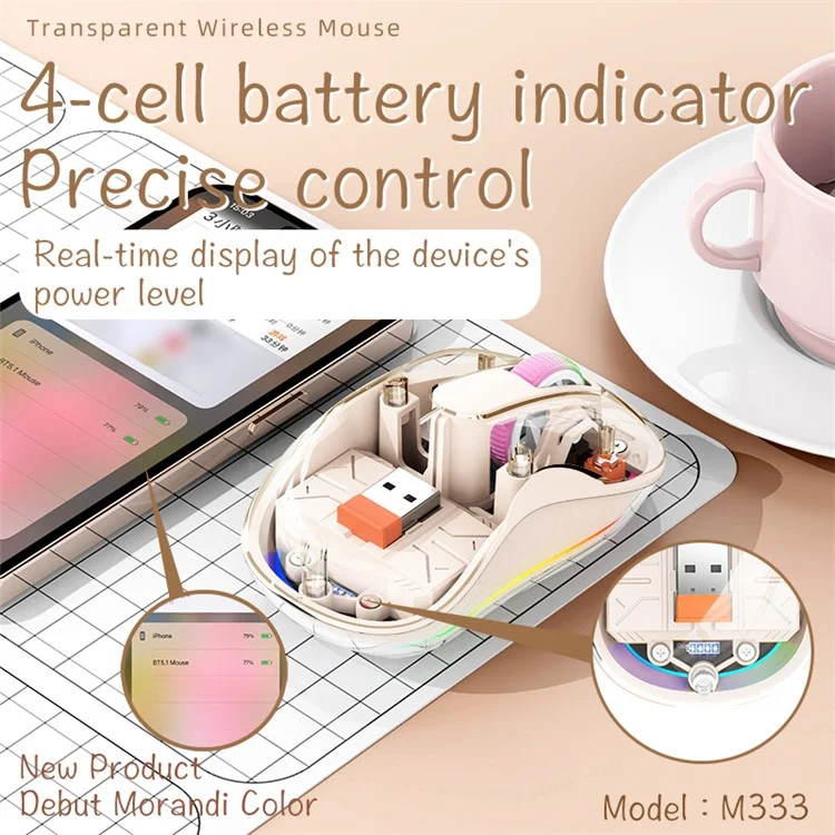 Ratón inalámbrico M333 Transparent con luz colorida Bluetooth Silent Mice Tri-Mode Connectivity (CE Certified) - Color Milk Tea