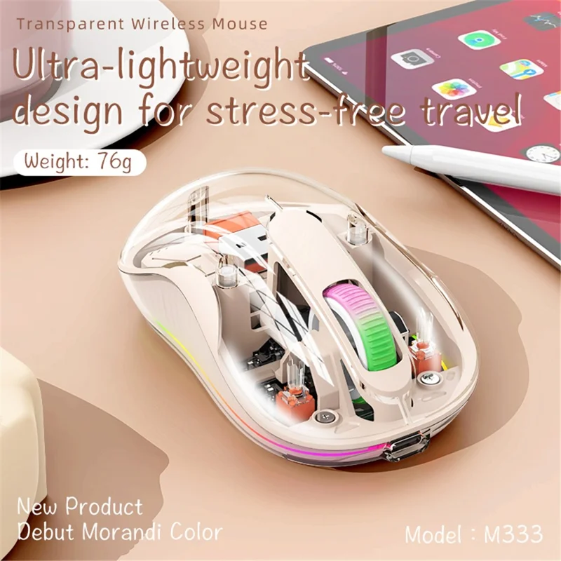 M333 Wireless Transparent Mouse with Colorful Light Bluetooth-compatible Silent Mice Tri-mode Connectivity (CE Certified) - Grey