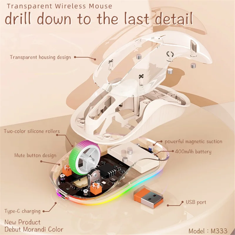 M333 Wireless Transparent Mouse with Colorful Light Bluetooth-compatible Silent Mice Tri-mode Connectivity (CE Certified) - Grey