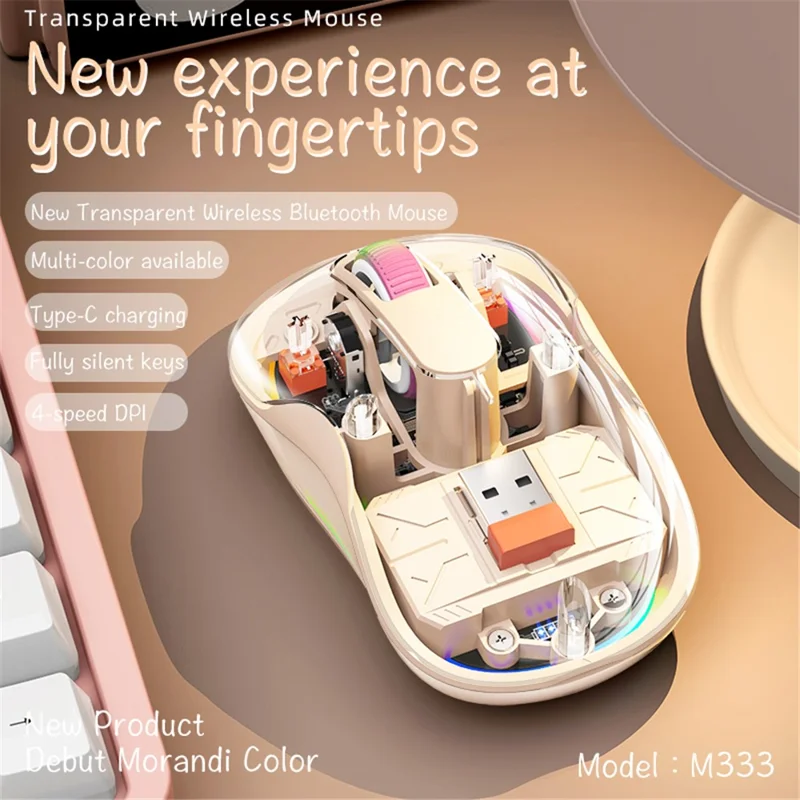 M333 Wireless Transparent Mouse with Colorful Light Bluetooth-compatible Silent Mice Tri-mode Connectivity (CE Certified) - White