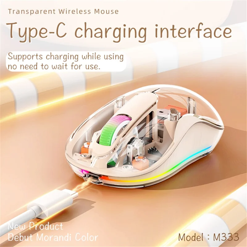 M333 Wireless Transparent Mouse with Colorful Light Bluetooth-compatible Silent Mice Tri-mode Connectivity (CE Certified) - White