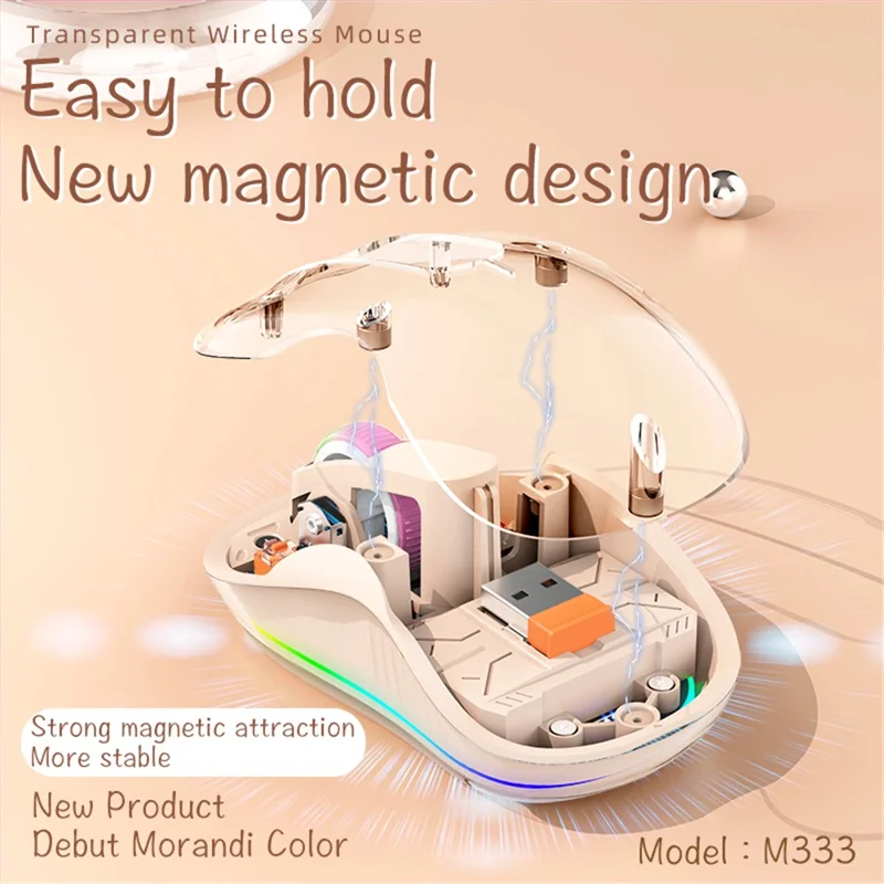 M333 Wireless Transparent Mouse with Colorful Light Bluetooth-compatible Silent Mice Tri-mode Connectivity (CE Certified) - White