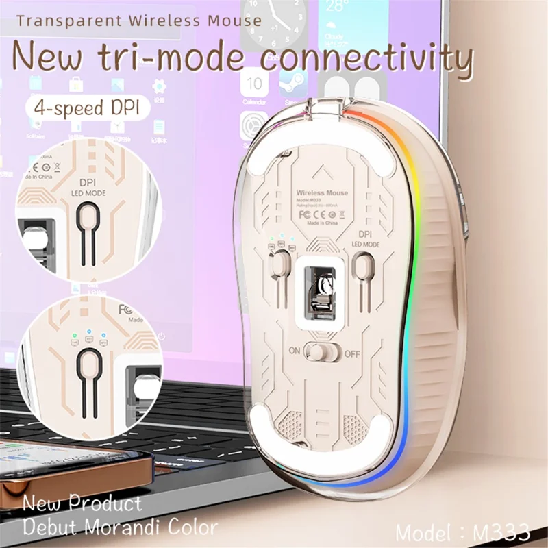 M333 Wireless Transparent Mouse with Colorful Light Bluetooth-compatible Silent Mice Tri-mode Connectivity (CE Certified) - White