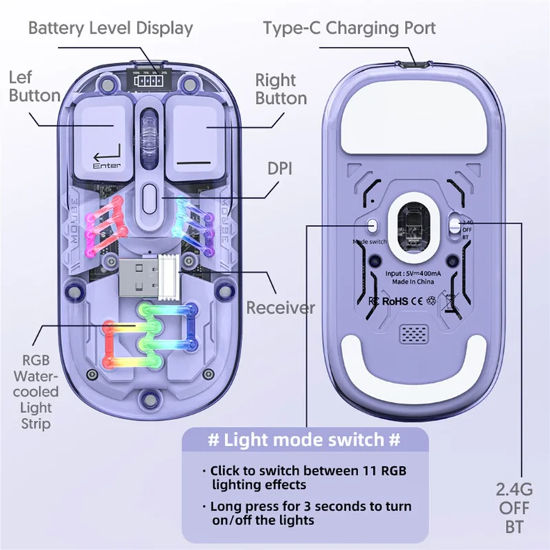 M533 2.4G+Bluetooth zgodny z 5.0, dwumodowy przezroczysty bezprzewodowy mysz RGB - Biały