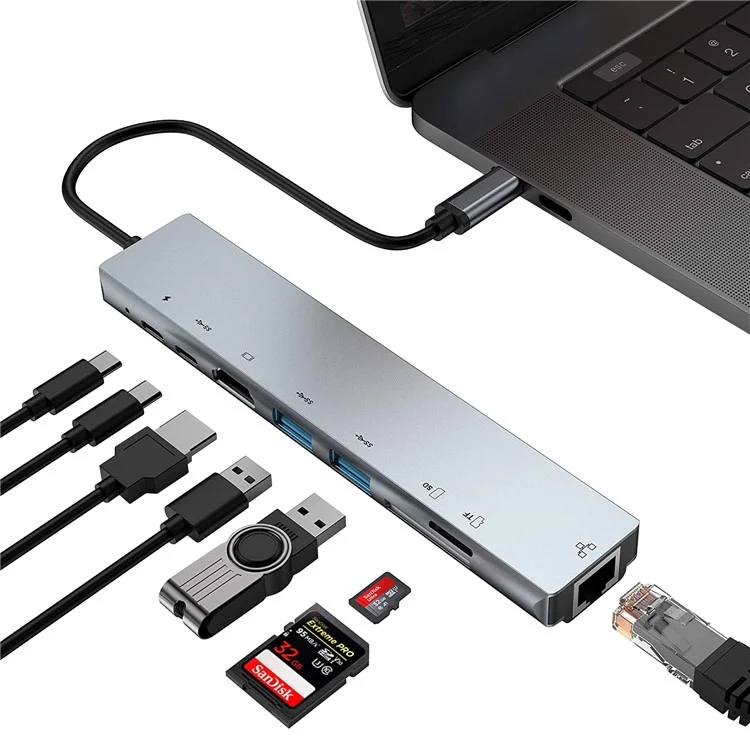 WC7367 8 in 1 USB-C HUB Multi-function SD/TF Card Reader HDMI RJ45 USB PD Type-C Docking Station Converter