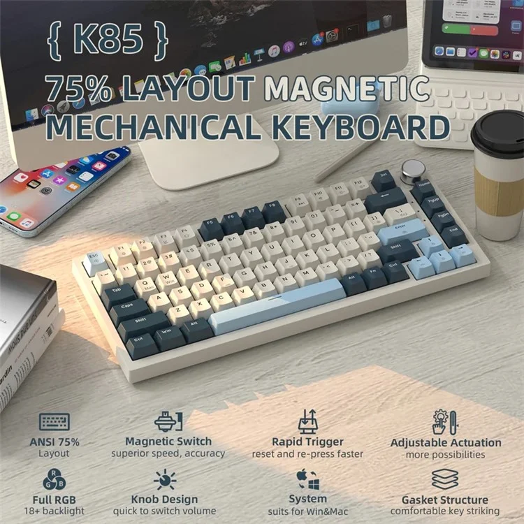ATTACK SHARK K85 Type-C Wired Mechanical Keyboard Wired 82 Keys Magnetic Switch RGB Gaming Keyboard - Blue