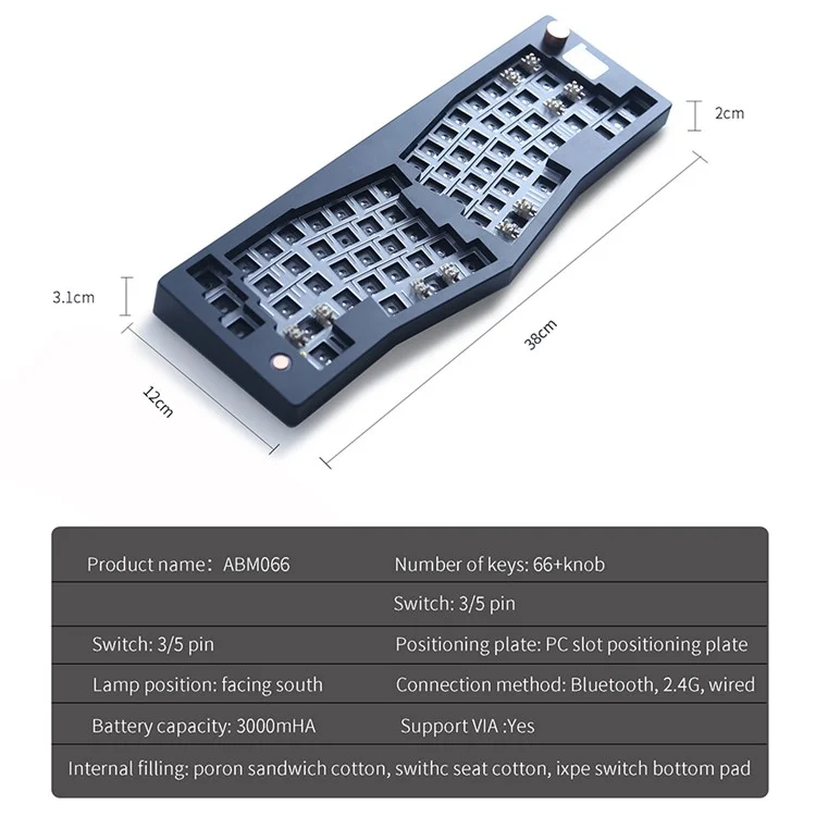 ABM066 2.4G Wireless+USB Wired+Bluetooth-compatible Mechanical Gasket-mount Keyboard Kit - Black