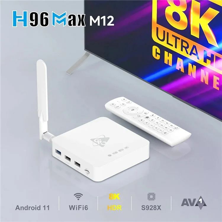 H96 Max M12 8K Ultra HD Android TV Box 4GB RAM 32GB ROM WiFi6 BT5.4 Media Player - UK Plug