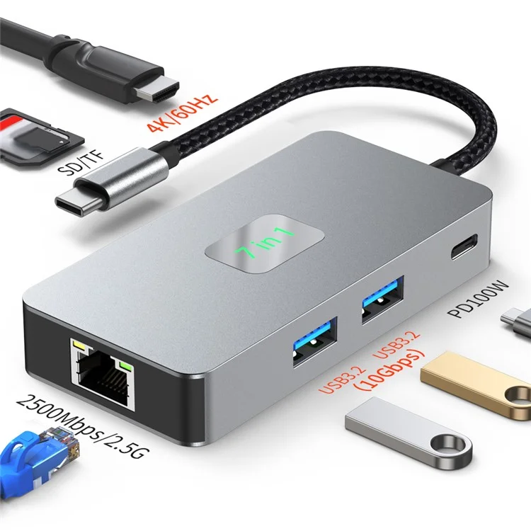 Adaptador de concentrador Type-C de 2402 puertos múltiples a 2xUSB 3.2+HD+2xLector de tarjetas+PD 100W+RJ45 2.5Gbps Ethernet